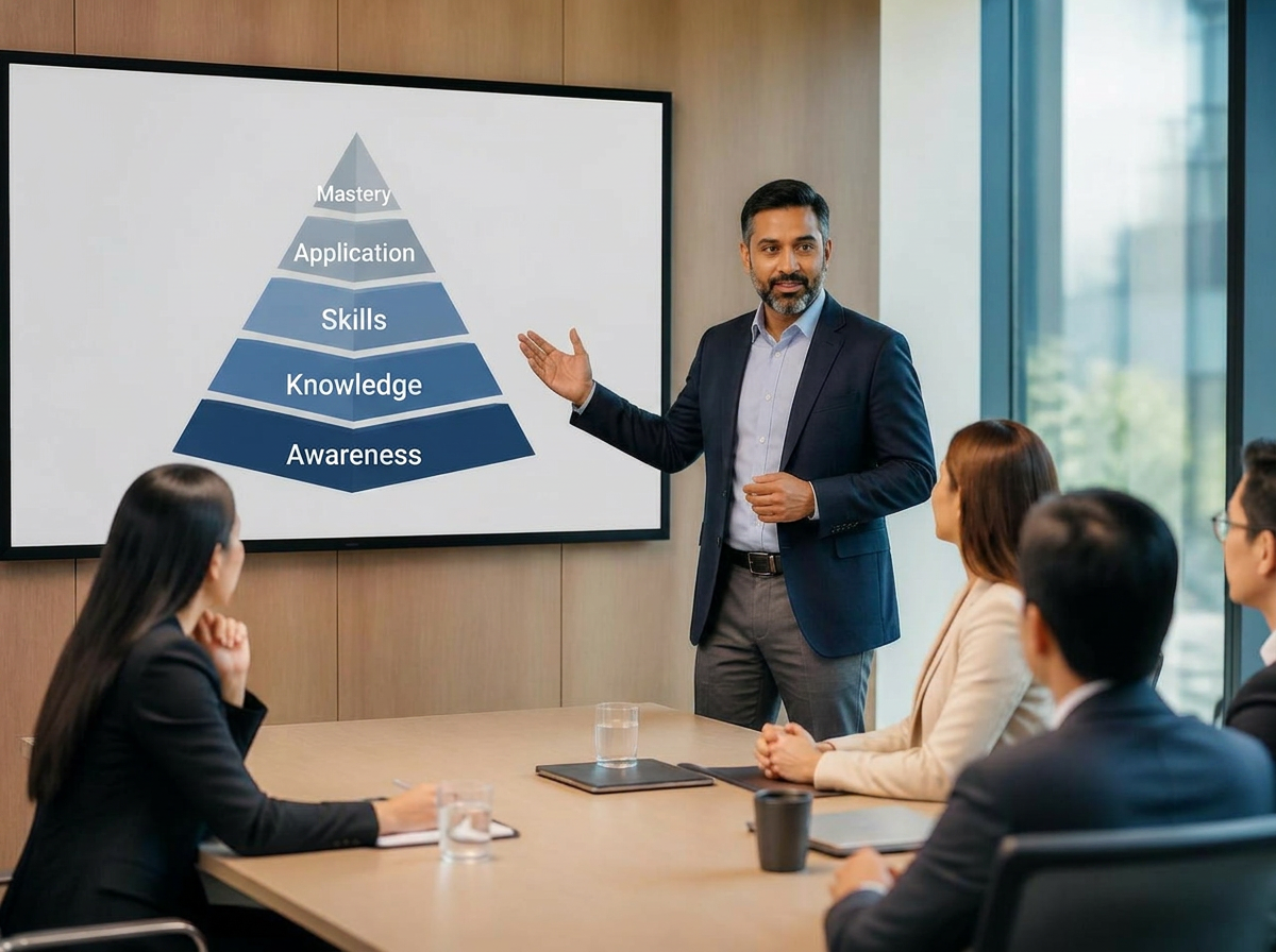 Facilitator presenting a capability development framework to a corporate team